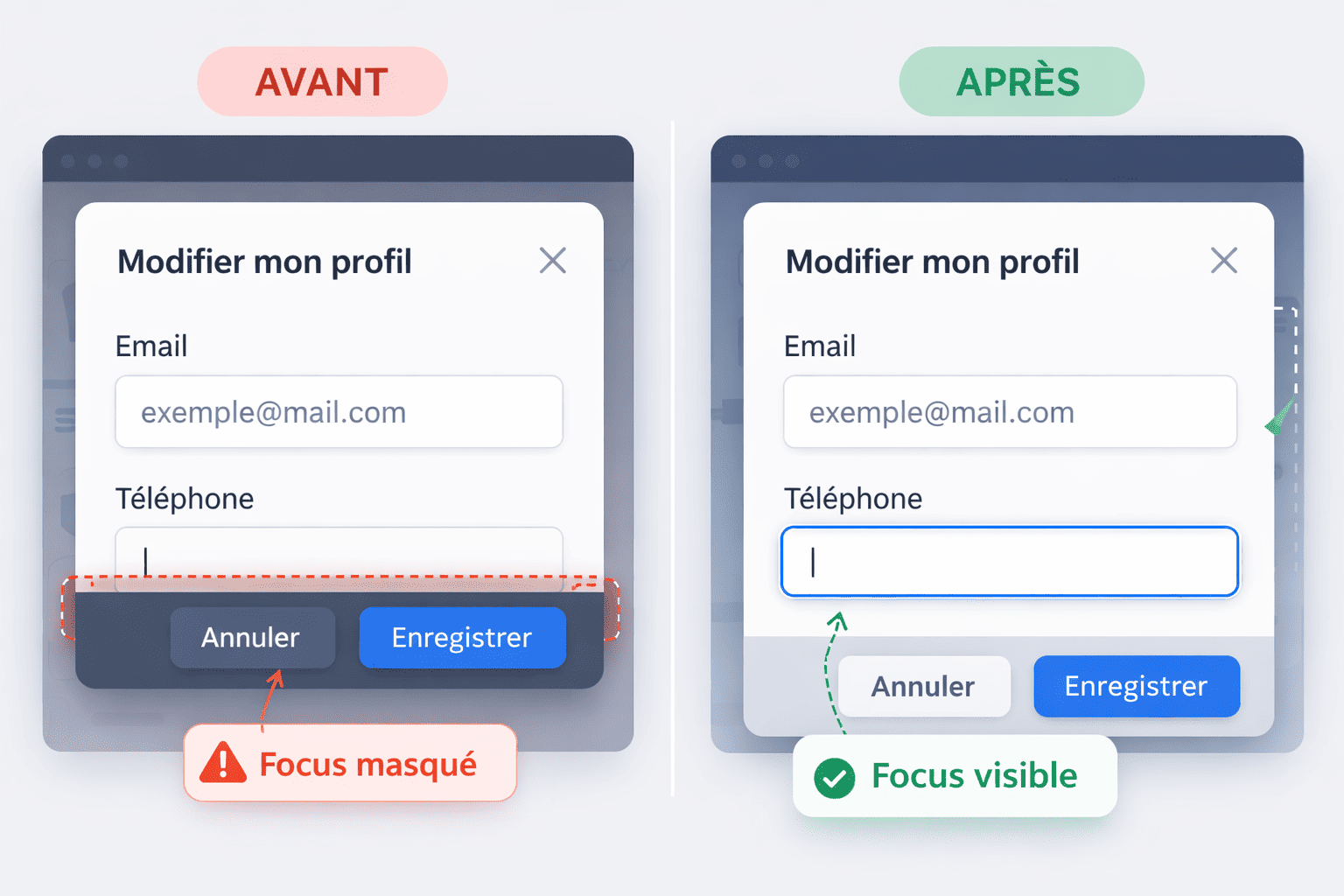 Illustration — Focus non masqué dans une modale