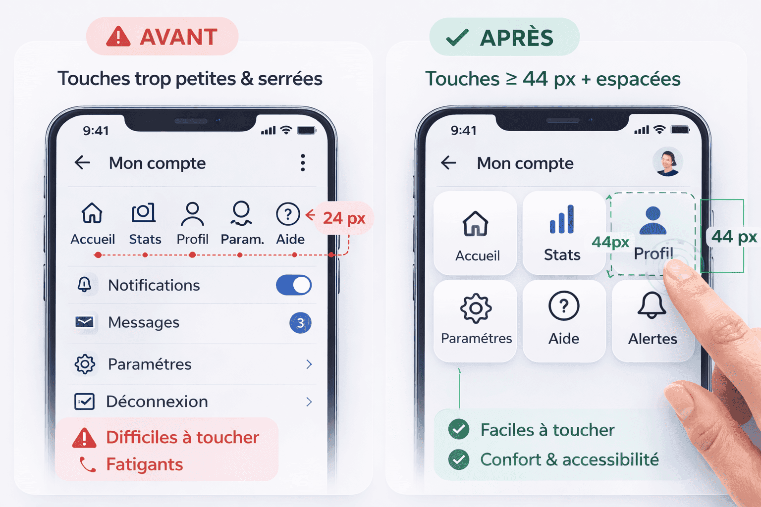 Illustration — Taille minimale des cibles en interface mobile