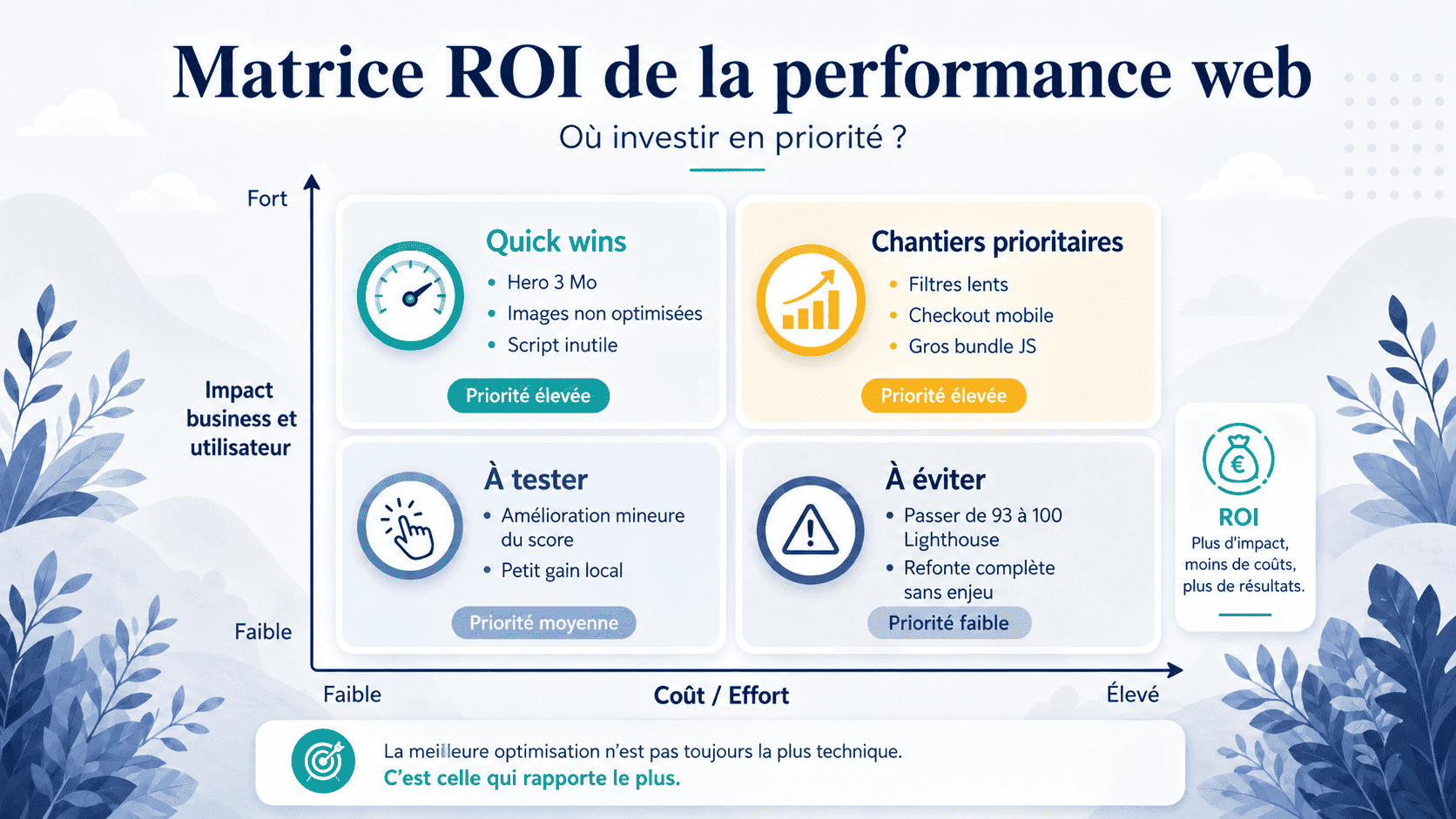 Infographie — matrice ROI des optimisations Core Web Vitals