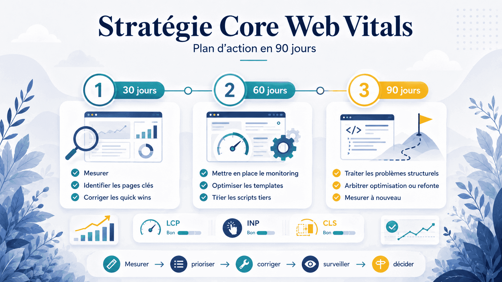 Infographie — diagnostiquer et corriger les Core Web Vitals en 90 jours