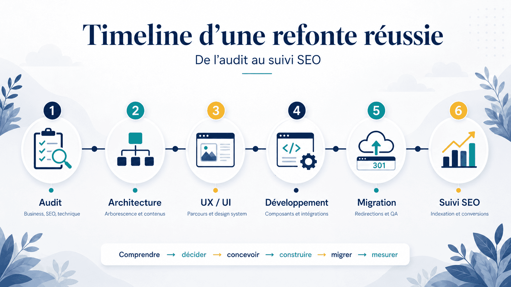 Timeline — audit, conception, développement, migration et suivi SEO